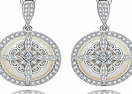 KnSam Women Platinum Plate Pierced Drop Earrings Retro Cross Halo Crystal Rhinestone White
