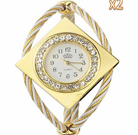 Kobwa TM) Gold Rhombus Rhinestone Steel Wire Girl Lady Wrist Watch (2PCS) with Kobwas Keyring