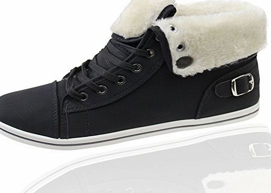 KOLLACHE Womens Fur Lined Boots High Top Ankle Black Trainer Sneaker Pumps Plimsole Shoes EU 41