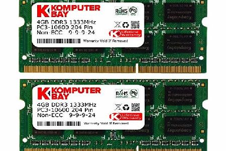 Komputerbay 8GB (2x 4GB) DDR3 SODIMM (204 pin) 1333Mhz PC3 10600 8 GB Laptop Memory- (Not for Mac)