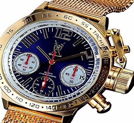 Konigswerk Mens Classic Chronograph Watch Gold Mesh Bracelet Large Face Blue Dial German Design Konigswerk AQ10