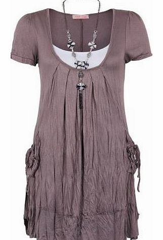 Krisp 2 in 1 Boho Crinkled Pleated A Line Necklace Mini Tunic Dress Summer 3303 (Mocha Brown,12)