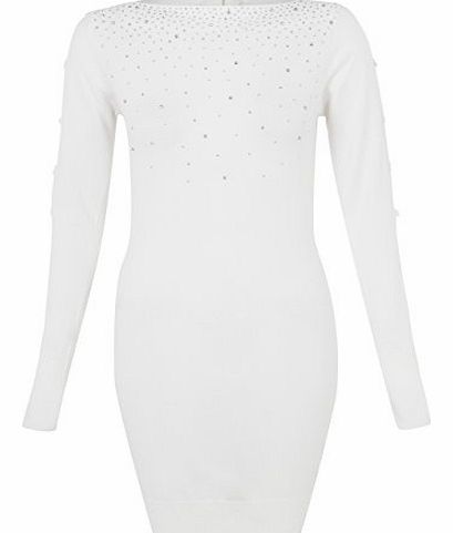 Krisp Diamante and Bow Detail Knit Jumper Dress (Medium-Large,Cream)