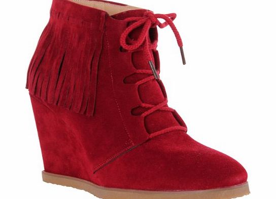 Krisp Womens Ladies Fringe Tassel Boho Minnetonka Lace Up Ankle Boots Wedge Heel Shoes (Red,8)