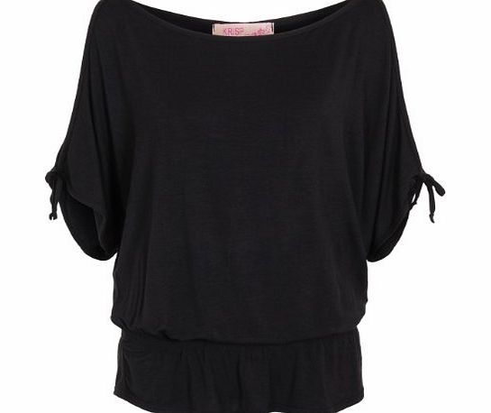 Krisp Womens Oversized Batwing Split Off Shoulder Sleeve Baggy Jersey Long Top T Shirt (Black,12)