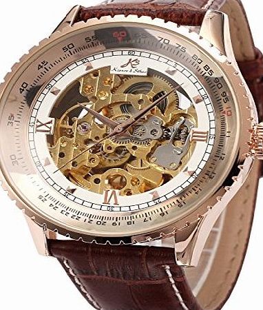 Ks  Royal Carving Skeleton Mens Rose Gold Case Auto Mechanical Brown Leather Watch KS113