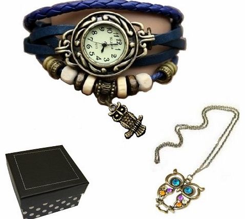 kshade OWL SET Vintage Necklace & Wrist Watch Leather Bracelet WRAP Around Quartz Fashion Vintage Retro
