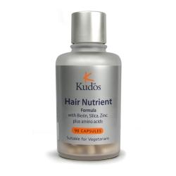 Kudos Hair Nutrient Formula with biotin, silica, zinc plus amino acids. An all in one formula that can help to maintain healthy hair. Suitable for vegetarians. Free of gluten, wheat, lactose, yeast, salt, preservatives, artifical colour, flavourings,