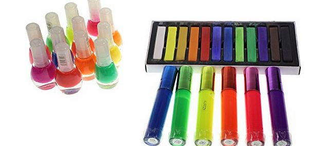 Kurtzy UV Neon florescent bold nail polish and lipgloss make up set with 12 temporary colour vibrant hair chalk by Kurtzy TM