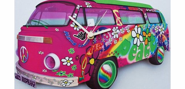 L R VW Camper Van Peace amp; Love Wall Clock in Pink