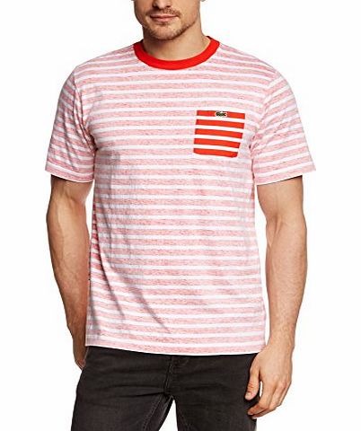 Lacoste L!ve Mens TH7801-00 Striped Crew Neck Short Sleeve T-Shirt, Multicoloured (WHITE/REDCURRANT BUSH 5ML), Small (Manufacturer Size: 3)