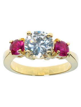 Ladies 9ct Gold Plated 3-Stone Ruby and Cubic