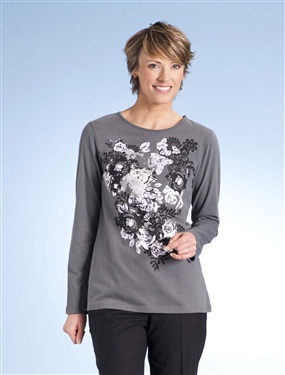 Floral Motif Print T-Shirt with Long