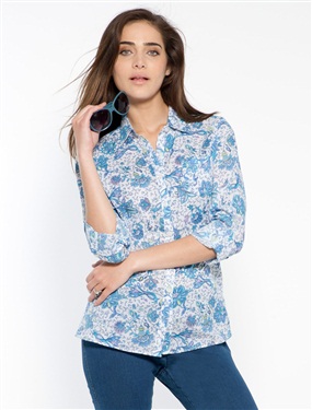 Ladies Floral Print Blouse with Roll-Up Sleeves