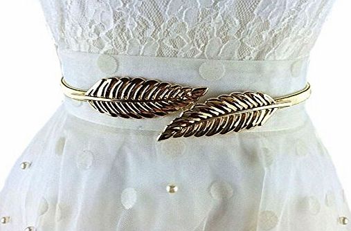 Lalang Golden Women Waist Chain Leaf Shape Metal Stretch Elastic Ladies Metal Chain Belts