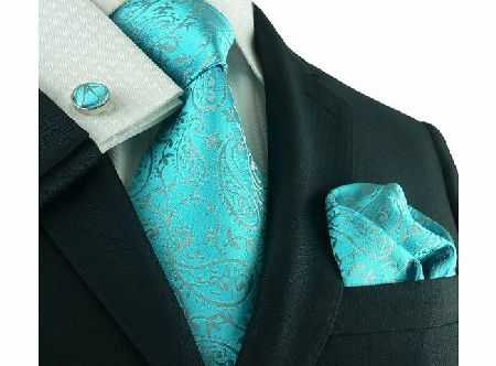 Landisun Paisleys Mens Silk Tie Set: Necktie Hanky Cufflinks 13C Light Blue, 3.25``Wx59``L