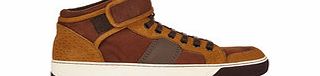 Brown and white leather mid-top trainers