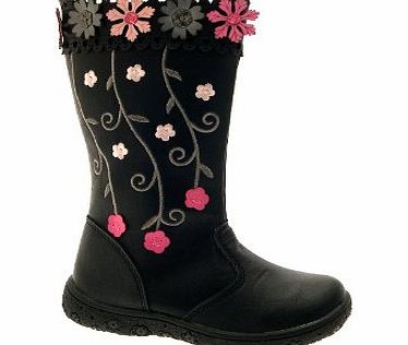 LD Outlet NEW GIRLS KIDS CHILDRENS FAUX LEATHER STITCHED FLOWER BIKER RIDING BOOTS BLACK SHOES SIZE UK 8