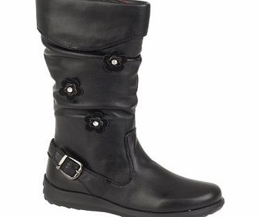 LD Outlet NEW LADIES GIRLS KIDS KNEE LENGTH RIDING FAUX LEATHER BOOTS FLOWER BLACK SHOES SIZE UK 2