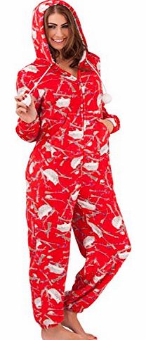 Womens Large Red with Hedgehog Print Fleece Full Length Hooded All In One Onesie Jumpsuit