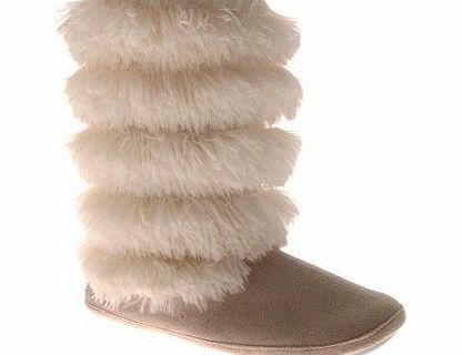 LD Outlet WOMENS SLIPPERS BOOTS FRINGE TASSLE PLUSH WINTER WARM BOOTIES LADIES GIRLS FLEECE LINED CREAM SIZE LARGE