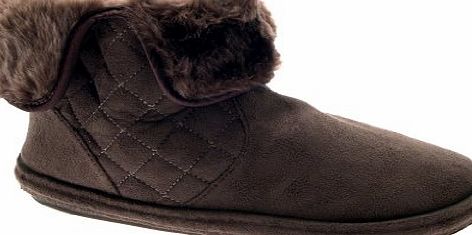 WOMENS SLIPPERS BOOTS WINTER WARM BOOTIES LADIES GIRLS QUILTED FAUX SUEDE FULLY FUR LINED DARK BROWN 5