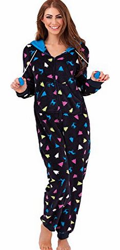 Womens Small Black with Blue Yellow and Pink Christmas Tree and Reindeer Fleece All In One Onsie Jumpsuit