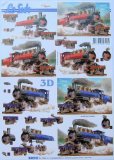 Le Suh A4 3D Le Suh step by step decoupage sheet for card craft - red and blue steam locomotive engines, trains