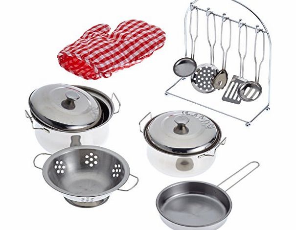 Legler Childrens Toy Metal Cooking Pots, Pans, Oven Glove amp; Utensils Set