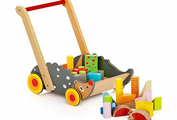 Baby walker with blocks, wooden, activity toy, push along, toddler track, push toy, wood bricks, shape and color, cart, buggy