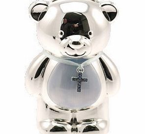 Christening Gift Silver Plated Blue Enamelled Teddy Money Box