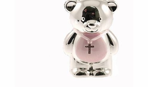 Christening Gift Silver Plated Pink Enamelled Teddy Money Box