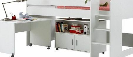 LHS EMILI White Loft Mid Sleeper Cabin Bed with Hideaway Computer Desk and Storage Cupboard for Kids Roo