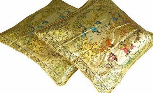Li Peng Pair of Oriental Chinese Silk Cushion Covers 16`` x 16`` Gold Family