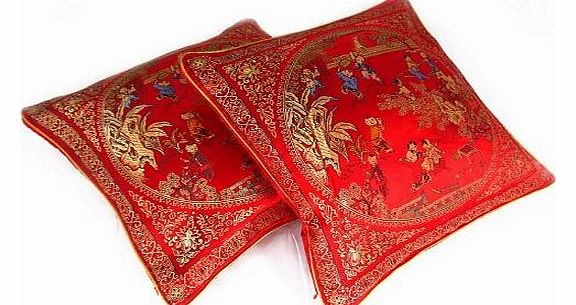Li Peng Pair of Oriental Chinese Silk Cushion Covers 16`` x 16`` Red Family