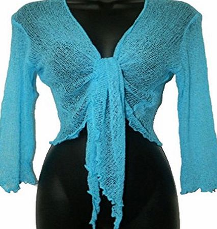 Likes Style Ladies Crochet Tie Up Cropped Bolero Cardigan Womens One Size Turquoise