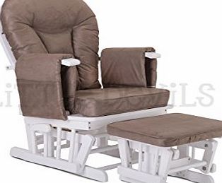 Little Devils Direct WHITE WOOD - MOCHA COLOUR SUPREMO BAMBINO FABRIC NURSING GLIDER / ROCKER / MATERNITY / FEEDING / GLIDER CHAIR (With Locking Mechanism amp; Free Matching Footstool)