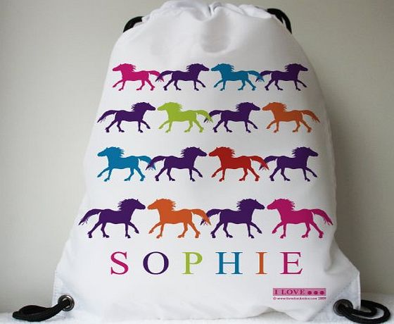 I LOVE... PONIES Personalised Swimming Bag, Horse Riding Bag, Pony Grooming Kit Bag, School Bag for Girls & Boys - Ponies in Multi Colour by Little Folk made with any name