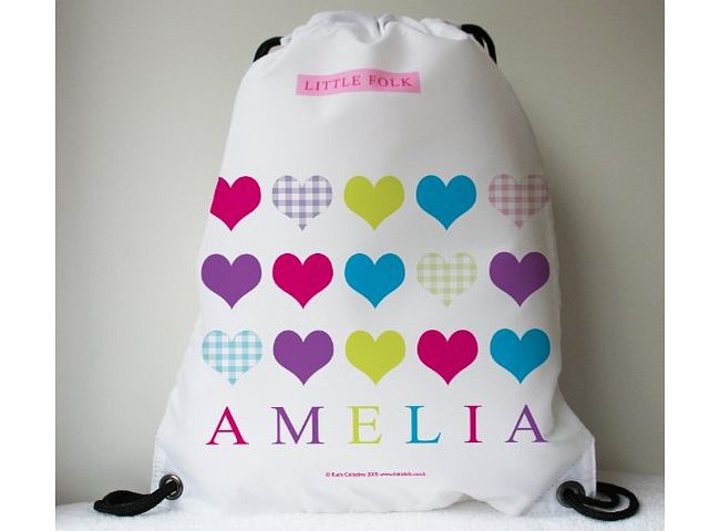 Little Folk Personalised Drawstring Swimming, School, PE Bags for Girls amp; Boys - Hearts - made with any name