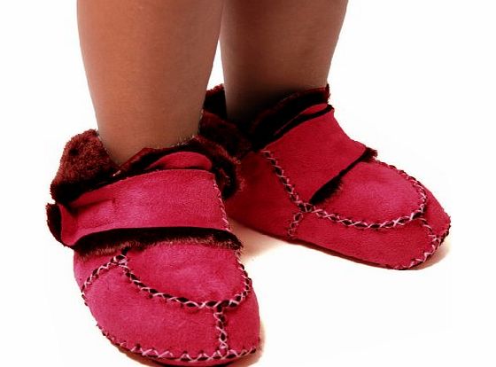 Little Helper Baby Boum Faux Suede and Fur Lined Booties/slippers with cute velcro fasten (6 - 12 months, Berry Red)