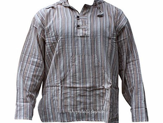 Multicolour Dharke stripe Grandad Hoody Shirt,Light weight hippy boho clothes (XL, TURQUOISE BLUE MIX)
