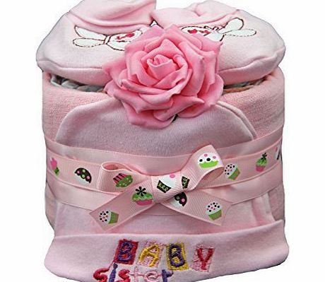 little tiddlywinks New 1 Tier Pink Little Sister Nappy Cake for Baby Girl - shower, maternity gift