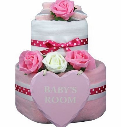 little tiddlywinks New 2 Tier Pink Nappy Cake with Baby Girl door hanger for Baby Girl - Shower or Maternity Gift
