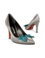 Liz Carine Front Bow Silver Satin and Leather Evening Shoes