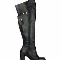 Black leather buckle knee-high boots