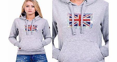 London Couture Womens Fashion Sequined Union Jack Hoodie ~ Designers Clothing ~ Souvenir Style Hoodies (Small, Grey)