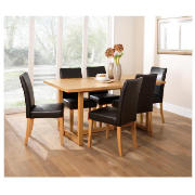 Table & 6 Lucca black leather chairs, oak leg