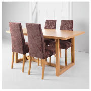 Table oak & 4 Lucca oak & brown damask chairs