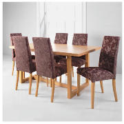 Table oak & 6 Lucca oak & brown damask chairs