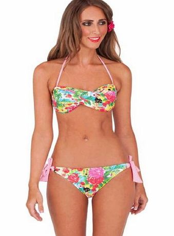 Lora Dora Womens Bikini Set Strapless Bandeau / Halter Neck Ladies Swimwear Flower Print Summer Coral/White Size UK 12